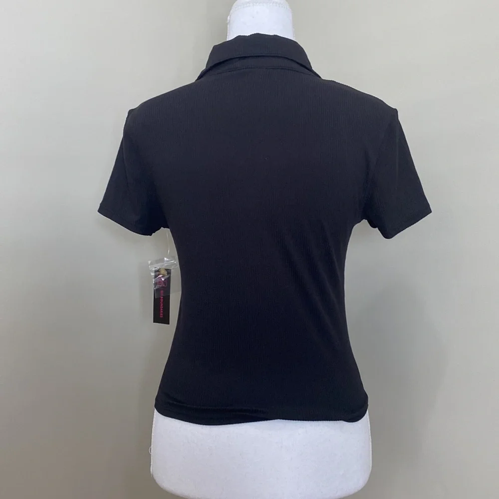 Black Light Knit Top with Button Details and Collared V-Neck​ - Picture 5 of 8